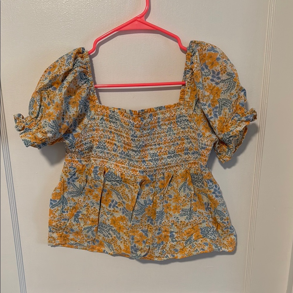 American Eagle Yellow and Blue Smocked Puff Sleeve Blouse